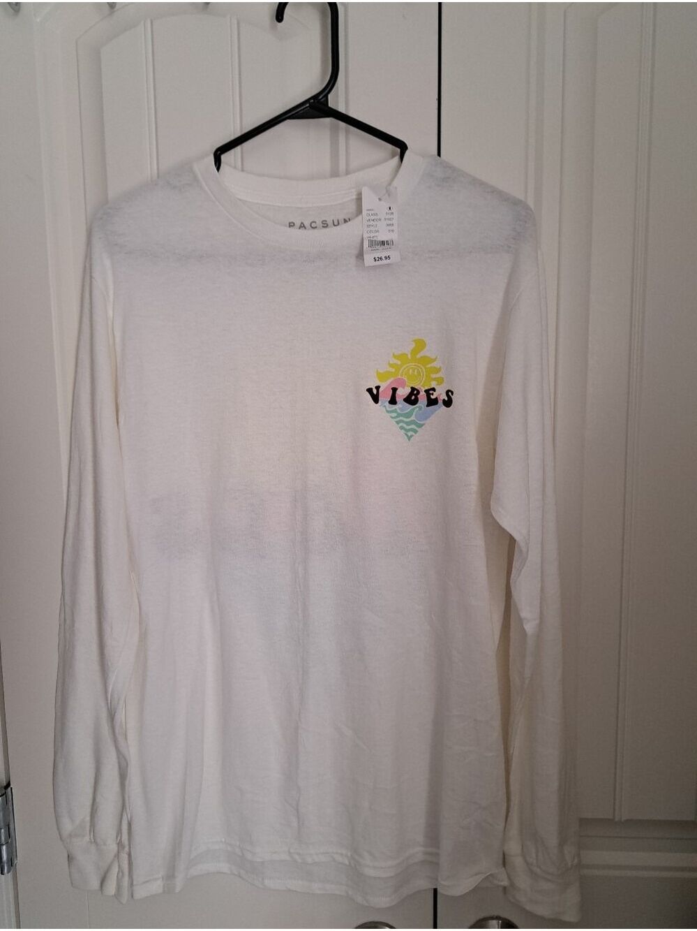 PacSun White Long-Sleeve 'VIBES' Graphic Tee Beachy Sun & Waves Casual Top Men S